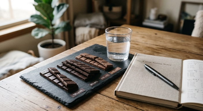 A professional cocoa tasting arrangement with dark and milk chocolate strips on a slate board, water, and a notebook.