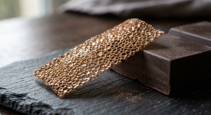Macro side-by-side comparison of a porous thin-film cocoa strip and a solid chocolate bar showing surface area differences.