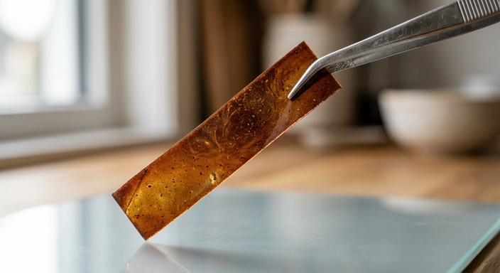A close-up macro shot of a single translucent amber cocoa strip held by silver tweezers, showcasing its shimmering texture.