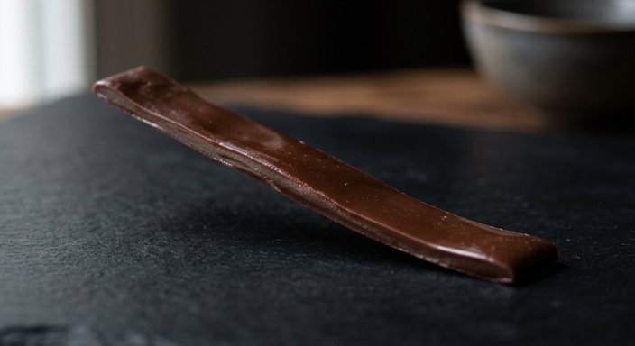 A single, thin cocoa candy strip with a smooth, semi-translucent chocolate surface.